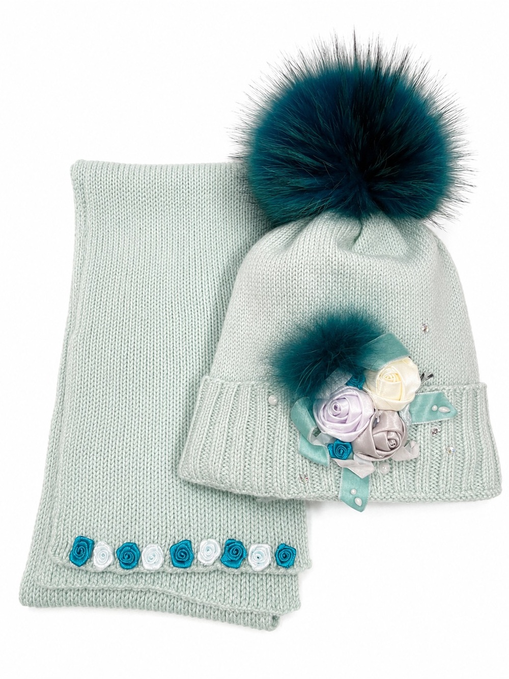 Girls Mint Knit Hat & Scarf Set Real Fur Pom Pom Floral Winter Size 7-9